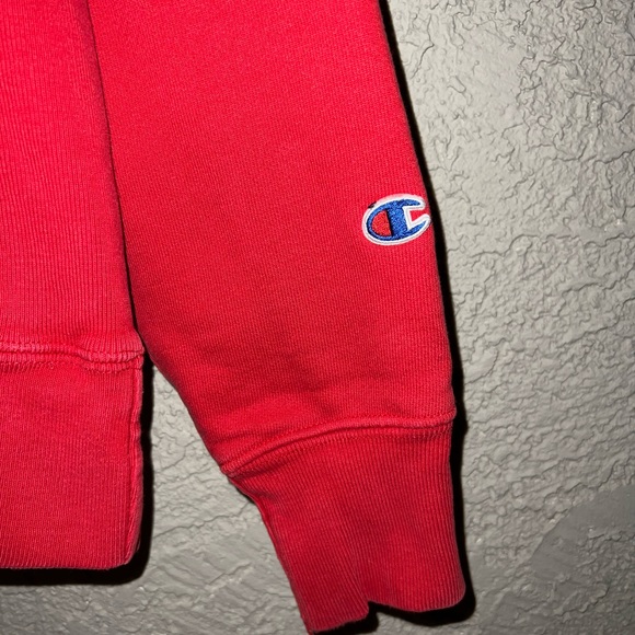 Champion Reverse Weave Pullover Hoodie Black Script Cotton Red Size Medium - Picture 5 of 6
